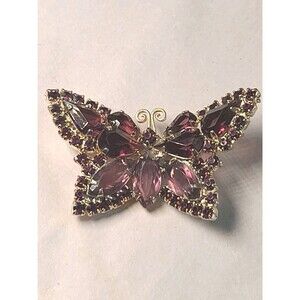 Vintage Butterfly Purple Pink Marquise Cut  Rhinestones JULIANA Gold Brooch 60's